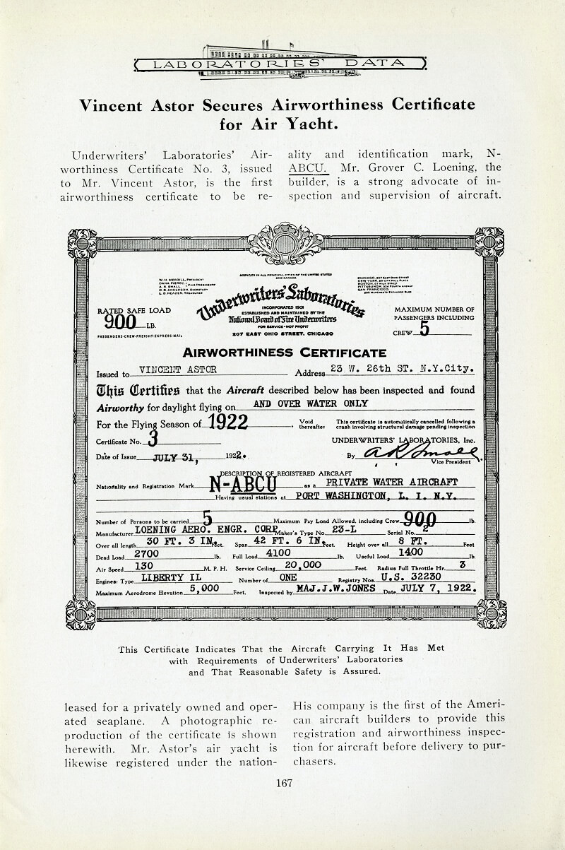 August 1922: Laboratories' Data announces that Astor's air yacht has received an airworthiness certificate. | UL Archives