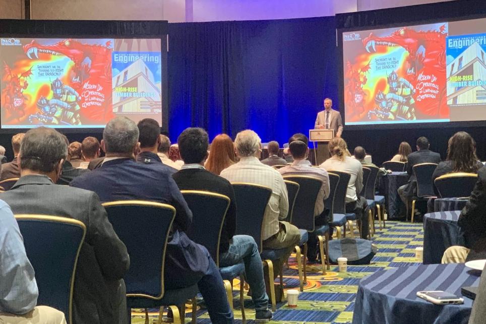 Steve Kerber delivers the keynote speech at the 2021 Society of Fire Protection Engineers Conference in Baltimore.